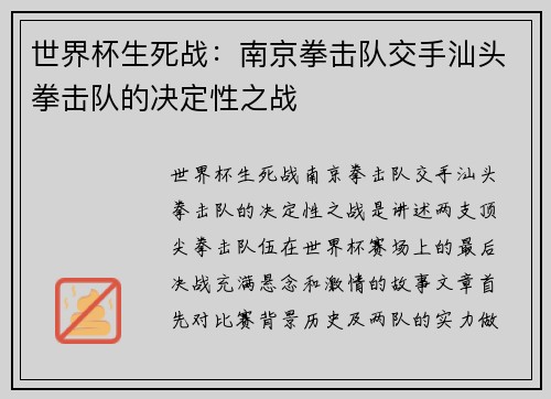 世界杯生死战：南京拳击队交手汕头拳击队的决定性之战